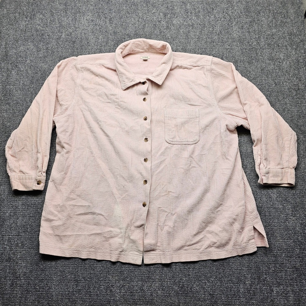LL Bean Womens Pink Corduroy Button Down Shirt Long Sleeve Pocket Size XL